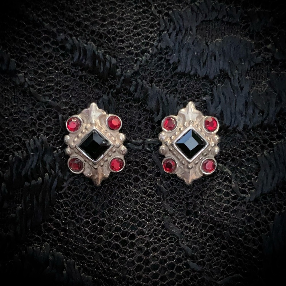 Vintage Gothic Black Red Crystal Sterling Silver Earrings